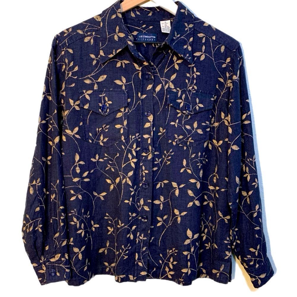 Vintage Y2K Navy Gold Leaf Blue Button-Down Shirt Utility Cottagecore Safari